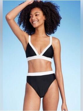 Shade & Shore Color Block Black White High Waist Cheeky Triangle Bikini NWT Sz M